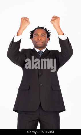 Giovane imprenditore con bracci sollevati Foto Stock
