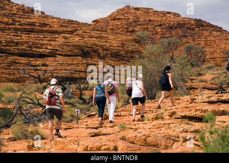 Gli escursionisti sul Kings Canyon Rim a piedi. Watarrka (Kings Canyon), il Parco Nazionale del Territorio del Nord, l'Australia. Foto Stock