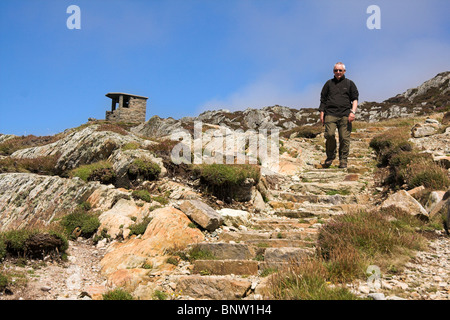 Uomo che cammina verso il basso di una collina a sud scogliere di stack, RSPB riserva, Anglesey, Galles del Nord, Regno Unito Foto Stock