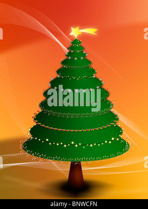 3d illustrazione di un verde albero di Natale con Stella cometa luci e decorazioni stelle su uno sfondo dorato e sfocati riflessi di luce