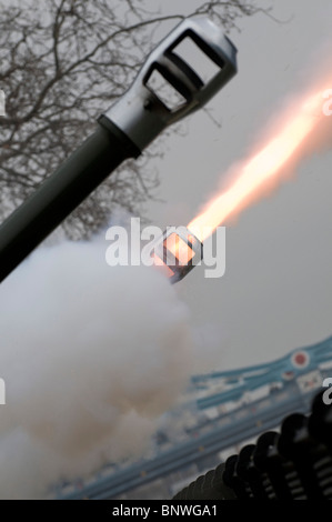 Una pistola 62 salute è licenziato dall'esterno della Torre di Londra per celebrare l anniversario della regina della adesione al trono Foto Stock