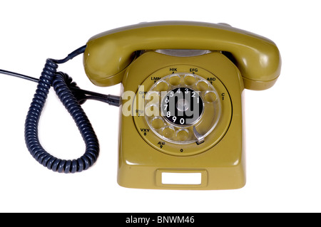 Vecchio retrò verde telefono e cavi . Isolato su pulire sfondo bianco. Foto Stock