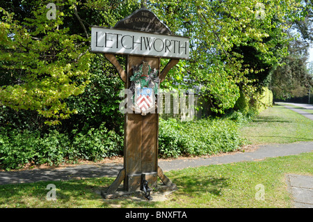 Città segno a Letchworth, il primo 'Città Giardino', Hertfordshire, Inghilterra, Regno Unito Foto Stock