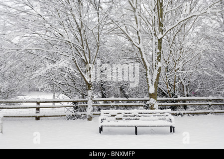 Neve invernale in un parco di villaggio, Wrington, Somerset, Inghilterra. Foto Stock