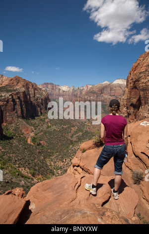 Un turista si gode della vista del basso Zion Canyon dello Utah Stati Uniti dal punto di vista si affacciano su una soleggiata giornata estiva Foto Stock