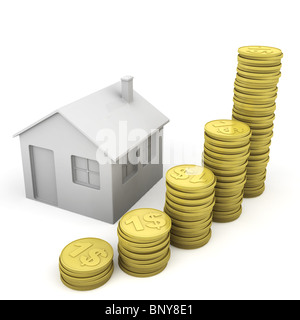 Pila di monete e icona di casa come concetto correlate al reale stato bussines Foto Stock