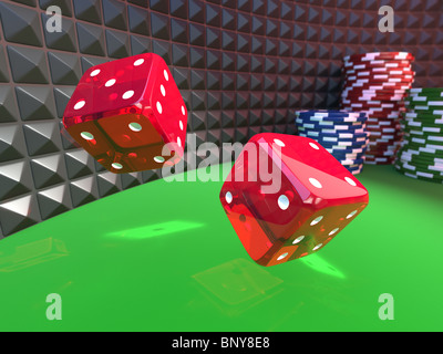 Due dadi rotola su un green casino tavolo con trucioli sullo sfondo Foto Stock