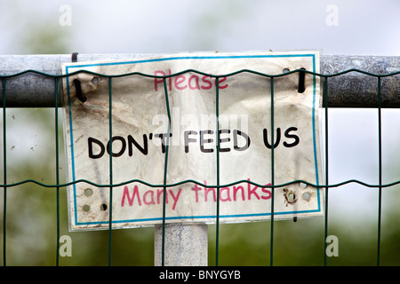 Fatto a mano segno su una farm gate - "Si prega di non alimentare di noi" Foto Stock