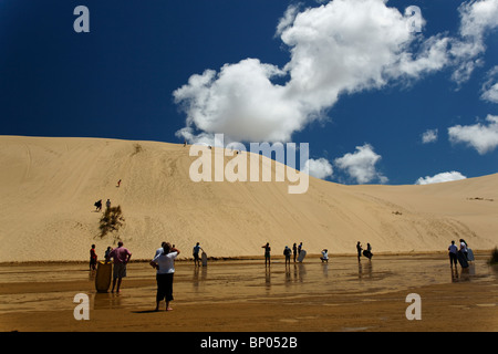 I turisti boogie boarding giù le dune di sabbia accanto a Te Paki flusso nella Northlands di Nuova Zelanda Foto Stock