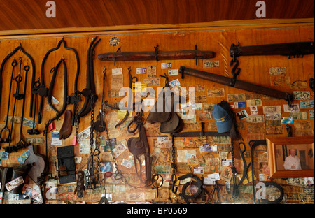 I vecchi elementi e cimeli appesi alle pareti del pub di Puhoi, Nuova Zelanda Foto Stock
