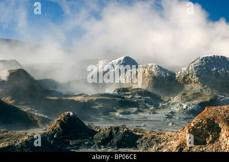 Le piscine di fango bollente al Sol de Manana Geyser Basin in Bolivia. Foto Stock