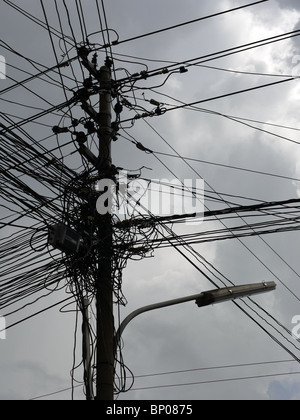 Telegrafo polo con il fascio di cavi a Luang Prabang, Laos settentrionale Foto Stock