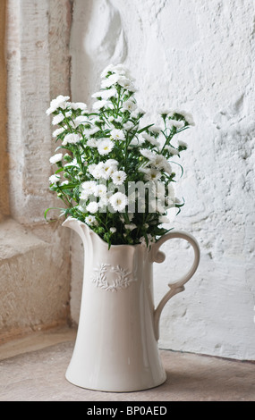 Una caraffa cinese bianca che tiene un mazzo semplice di margherite bianche si trova in una vecchia finestra cottage, Regno Unito Foto Stock