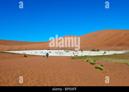 Turista che visita il Dead Vlei del Sossusvlei nel Naukluft Park Central Namib Desert Namibia Foto Stock