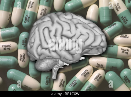 Il Prozac (fluoxetina) pillole 20 mg capsule e il cervello Foto Stock