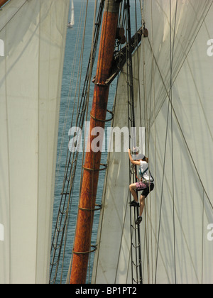 Un marinaio si arrampica per le manovre in a tall ship a Victoria, British Columbia, Canada. Foto Stock