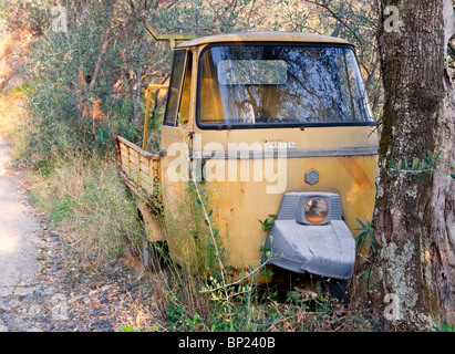 Vecchi pensionati 3 ruote Piaggio in corrispondenza di un tronco di albero in Cinque Terre Italia. Foto Stock