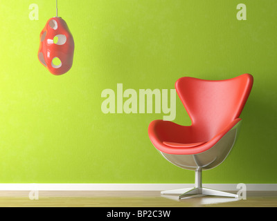 3D esegue il rendering di un moderno rosso divano in pelle e la lampada sul muro verde Foto Stock