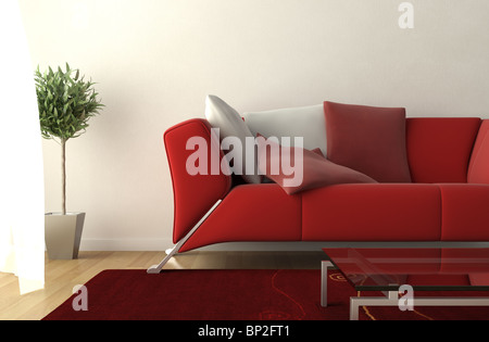 Interior design particolare della vita moderna camera con divano rosso e tappeto ant una cortina di soffiatura Foto Stock