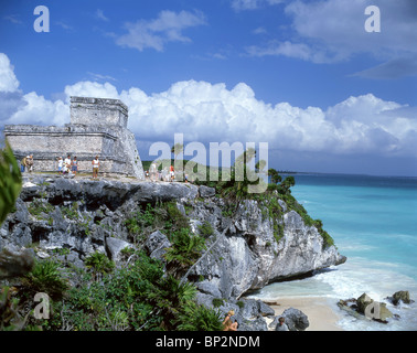 Tempio maya sito archeologico, Tulum, Quintana Roo Stato, Messico Foto Stock