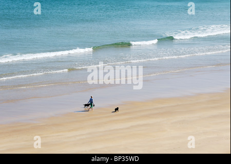 Donna che cammina da sola i cani sulla spiaggia deserta shore a rocce bianche tra Portrush e Bushmills, Irlanda del Nord Foto Stock