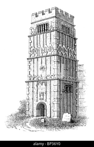 Bianco e Nero illustrazione; il decimo secolo anglo-Saxon Torre a Earls Barton Chiesa, Northamptonshire Foto Stock