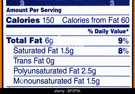 Fatti di nutrizione etichetta da una scatola di crackers, concentrandosi sulle calorie e grassi. Foto Stock