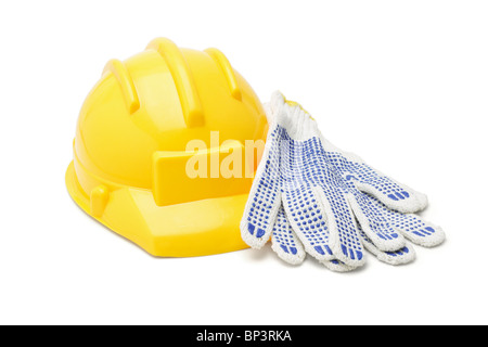 Giallo hardhat e guanti di cotone su sfondo bianco Foto Stock