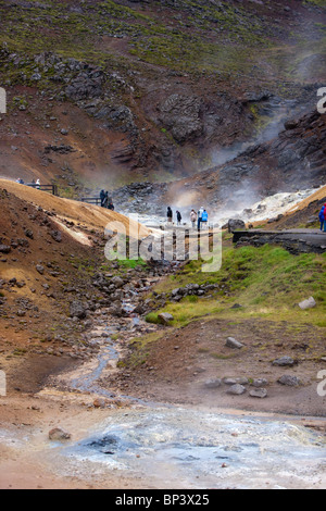 I turisti a l'area geotermale Krysuvík penisola di Reykjanes in Islanda Foto Stock