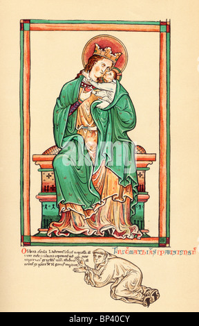 Illustrazione a colori; Matteo Parigi, Monaco di St Albans ai piedi della Vergine e il bambino; Fonte Historia Anglorum Foto Stock