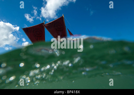 Le vele di una tradizionale isola del Pacifico Waka catamarano visto dal livello di acqua Foto Stock