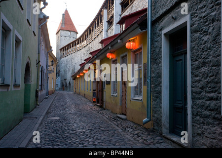 Strada di ciottoli nella luce della sera nel centro della parte vecchia di Tallinn, Sito del Patrimonio Mondiale, Estonia Foto Stock