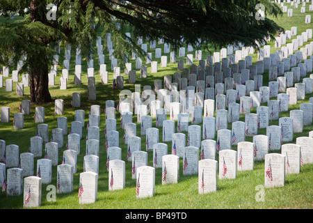 Una bandiera americana linee ogni lapide a ricordo dei soldati caduti in battaglia del Memorial Day in Arlington National Cemeter Foto Stock