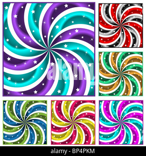 Sunburst raccolta di sei diversi colori swirly astratta sun sfondi di burst e stelle. Foto Stock