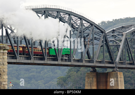 Un flusso treno attraversa un vecchio ponte di ferro Foto Stock