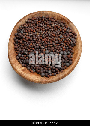 Una ciotola di legno del seme di senape su sfondo bianco Foto Stock