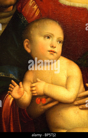 Close-up di pittura, la Madonna con il Bambino e i santi Francesco e Girolamo, ca. 1512-1515, da Francesco Francia Foto Stock