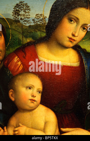 Close-up di pittura, la Madonna con il Bambino e i santi Francesco e Girolamo, ca. 1512-1515, da Francesco Francia Foto Stock