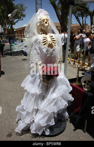 Lo scheletro vestito di velo nuziale e camice in mostra presso il Gay Pride Festival di Albuquerque, Nuovo Messico, USA, Giugno 12, 2010 Foto Stock