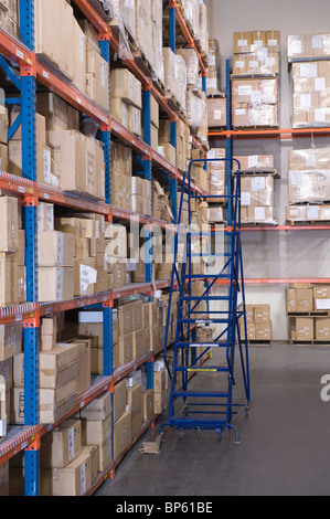 Scatole di cartone su scaffali in magazzino di distribuzione Foto Stock