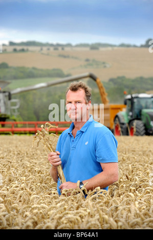 Un agricoltore di seminativi da Wiltshire in un campo di grano REGNO UNITO Foto Stock