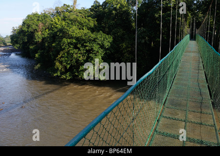 Una sospensione ponte che conduce alla foresta pluviale primaria, Chilamate, Costa Rica. Il ponte è oltre il Fiume Sarapiqui Foto Stock