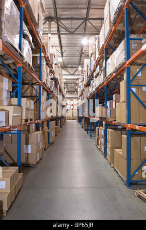 Scatole di cartone su scaffali in magazzino di distribuzione Foto Stock