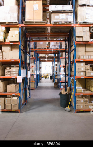 Scatole di cartone su scaffali in magazzino di distribuzione Foto Stock