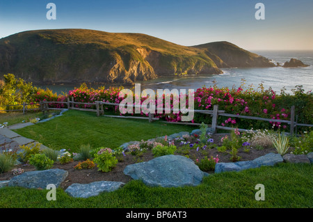 Prato e giardino che affacciano sull'oceano al tramonto, Albion fiume Inn, Albion, Mendocino County, California Foto Stock