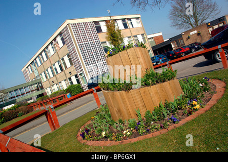 Regno Unito, Inghilterra, Cheshire, Stockport, Jackson's Lane, Hazel Grove High School, fiori di primavera in piantatrice floreali Foto Stock