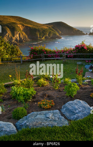 Prato e giardino che affacciano sull'oceano al tramonto, Albion fiume Inn, Albion, Mendocino County, California Foto Stock