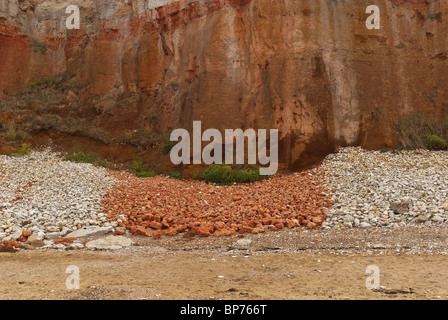 Colorate insolita formazione di calcare, gesso rosso Hunstanton. Carstone rock dal Cretaceo visto in scogliere. Foto Stock