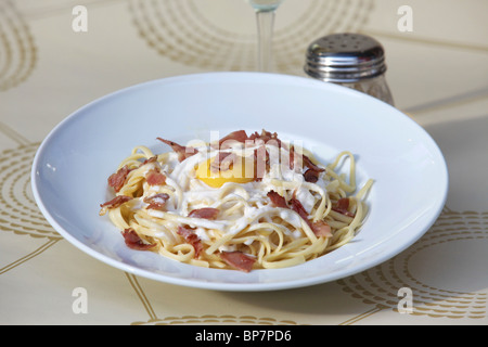 Piatto di linguine con pancetta e uova fritte Foto Stock