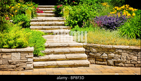 Pietra naturale paesaggio nel giardino di casa con scale Foto Stock